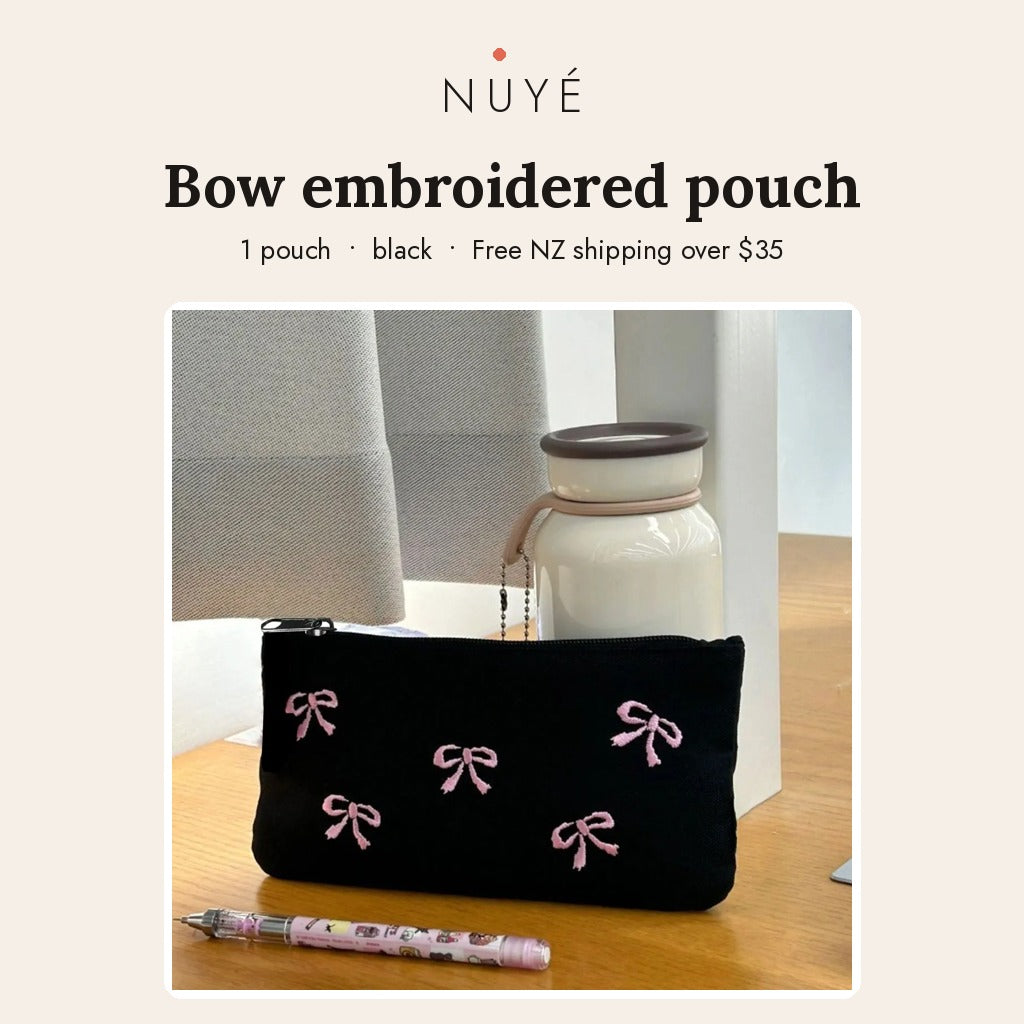 Bow Embroidered Pouch – Black