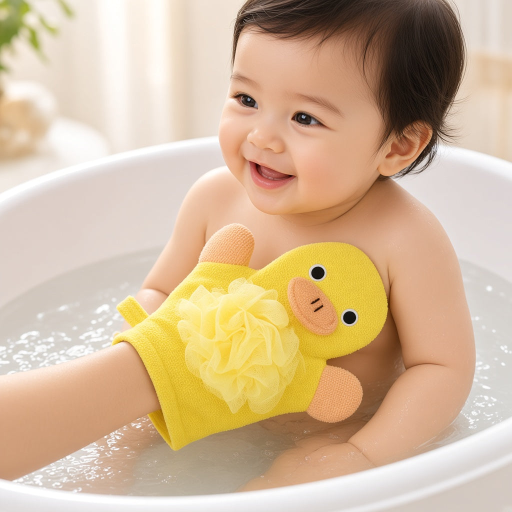 Smiling baby in the bath with a yellow duck bath mitt