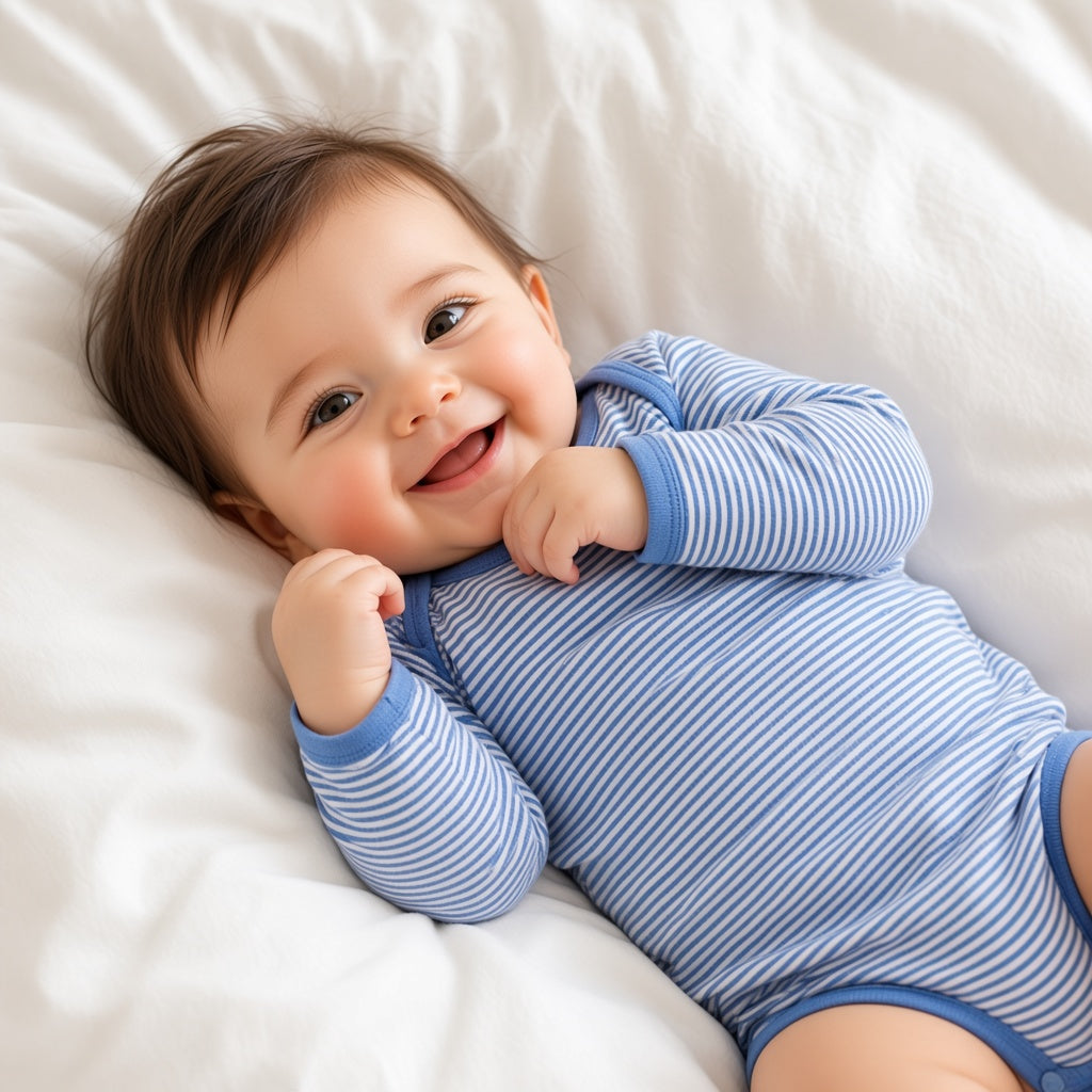 Smiling baby lying on a bed in a blue striped long-sleeve cotton bodysuit