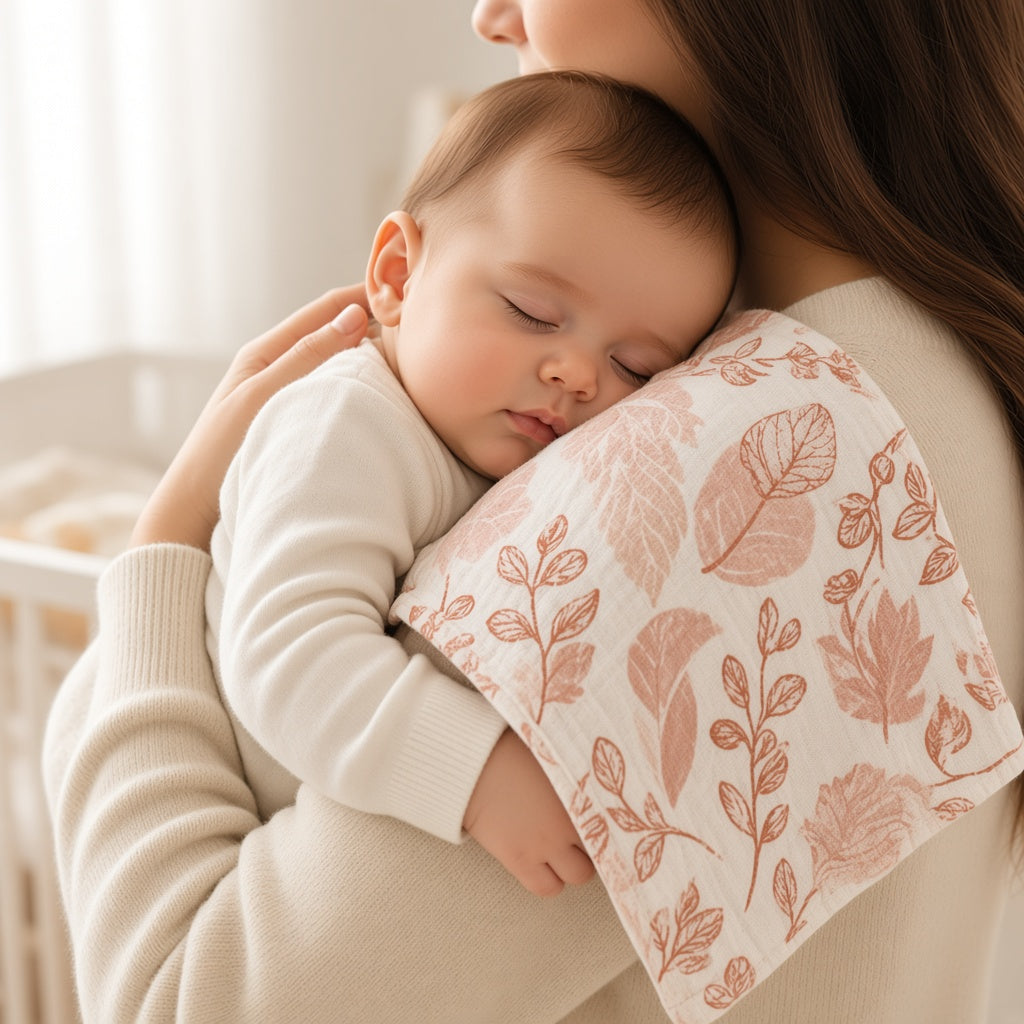 Sleeping baby on a parent's shoulder resting on a muslin burp cloth with a pink leaf print