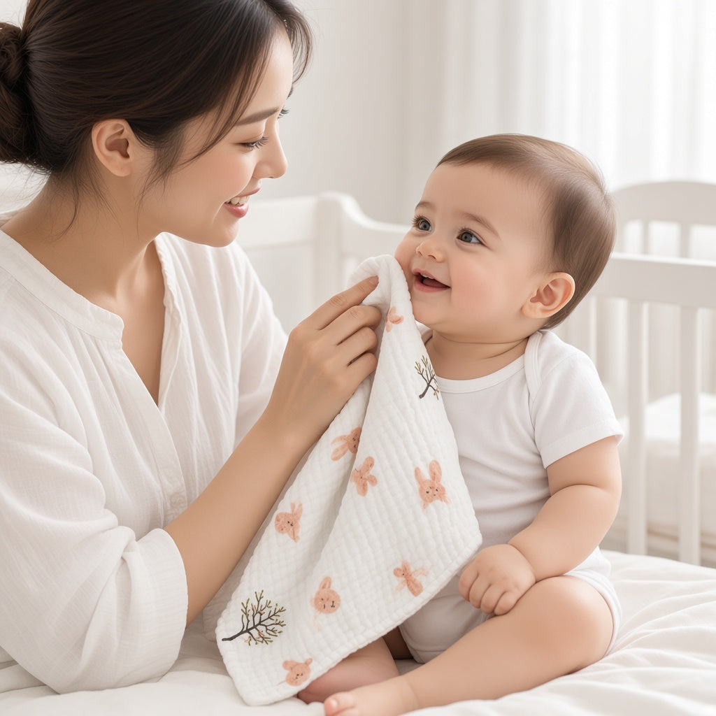 Parent wiping a smiling baby with a white muslin face towel