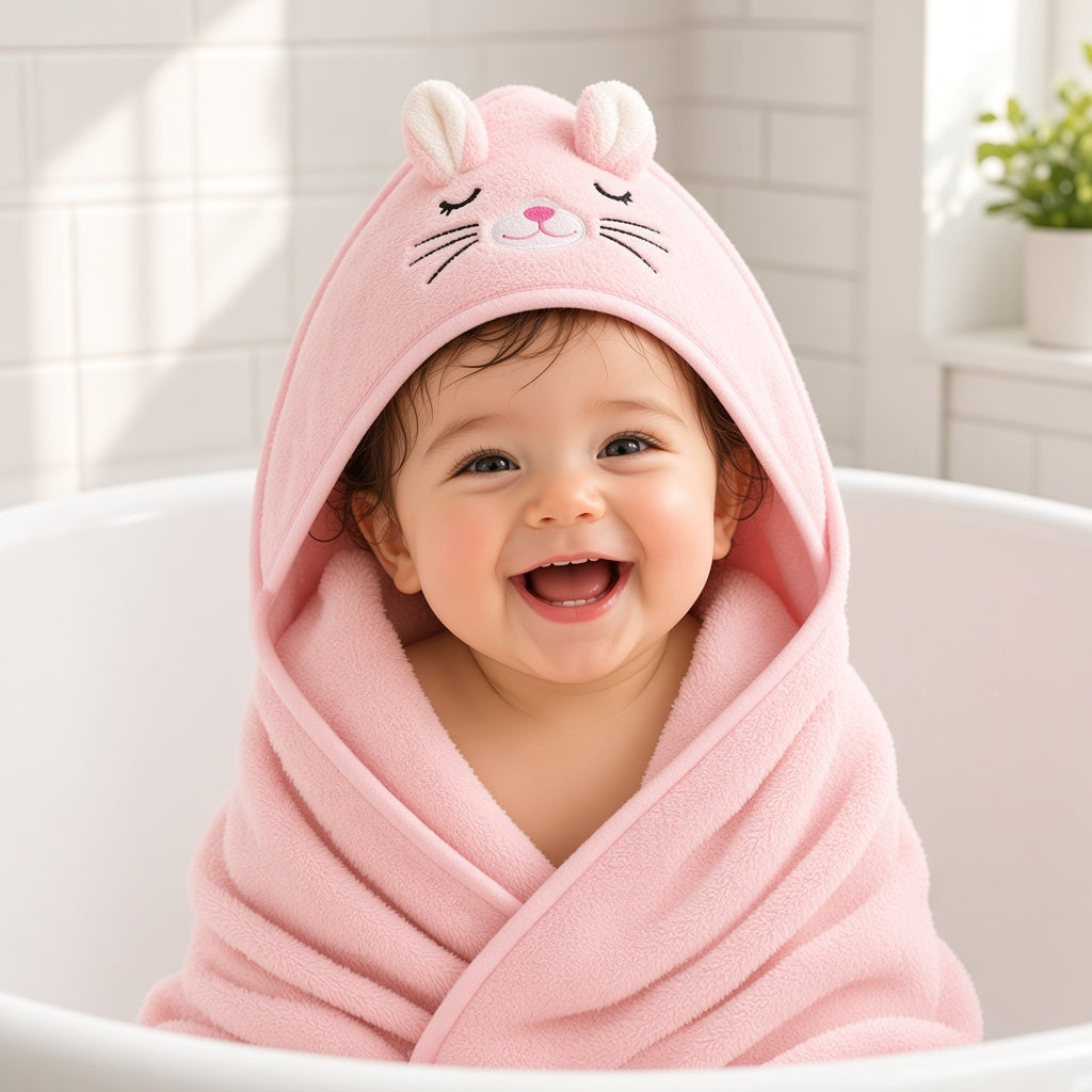 Smiling baby in the bath wrapped in a pink hooded towel with cat ears