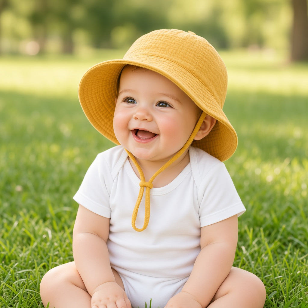 Smiling baby sitting on grass in a mustard wide brim sun hat with chin tie