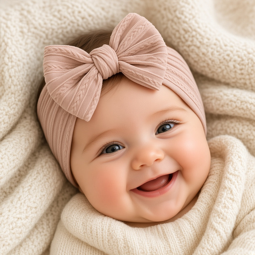 Smiling baby wearing a dusty pink bow headband
