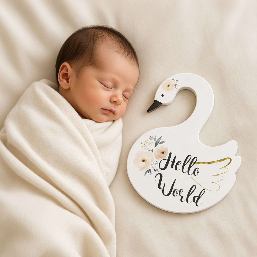 Sleeping newborn beside a white wooden swan milestone card reading Hello World