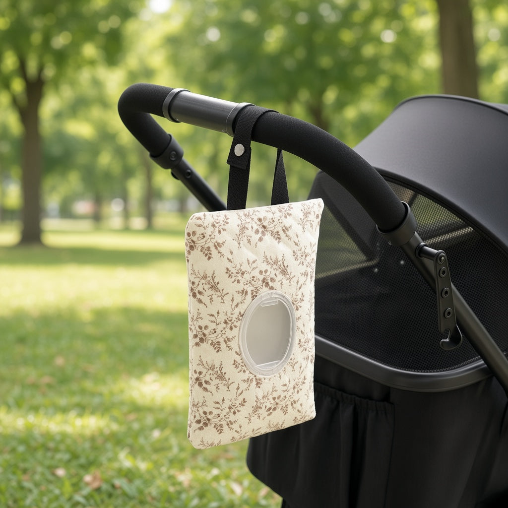 Floral wipes case clipped to a pram handle