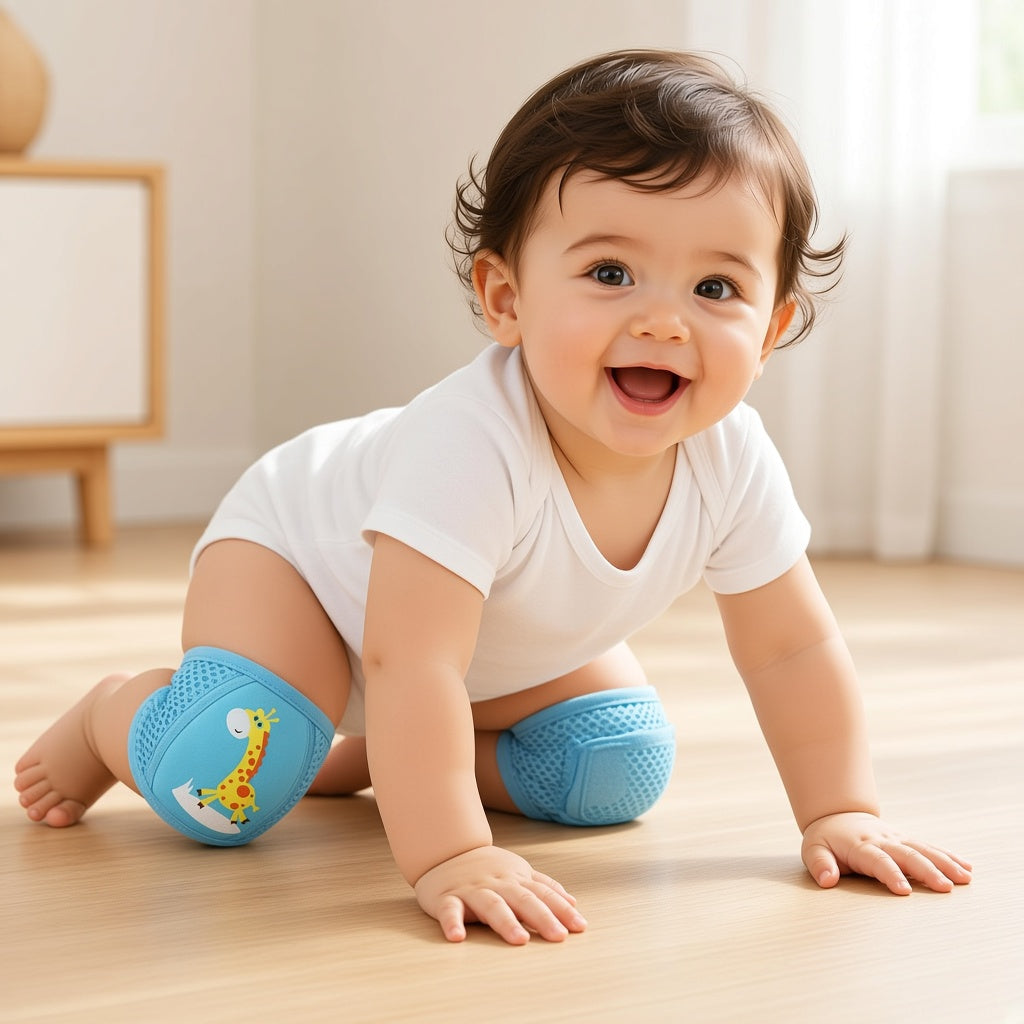 Baby crawling on a wooden floor wearing blue knee pads with a giraffe print