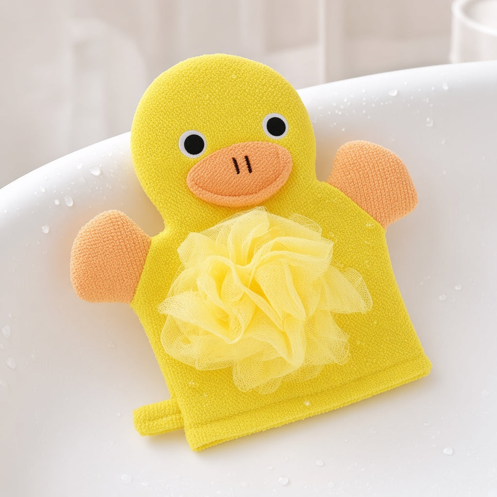 Yellow duck bath mitt with a sponge on the edge of a bath