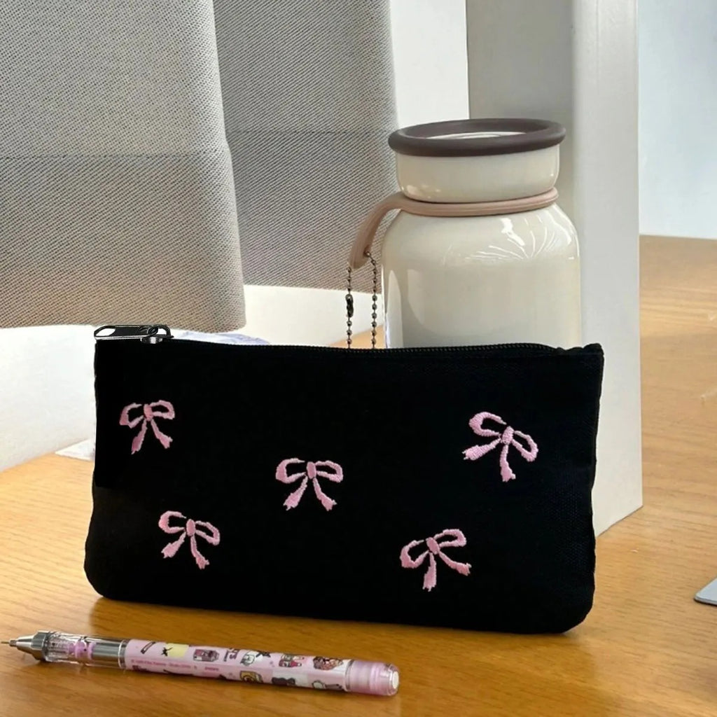 Bow Embroidered Pouch – Black
