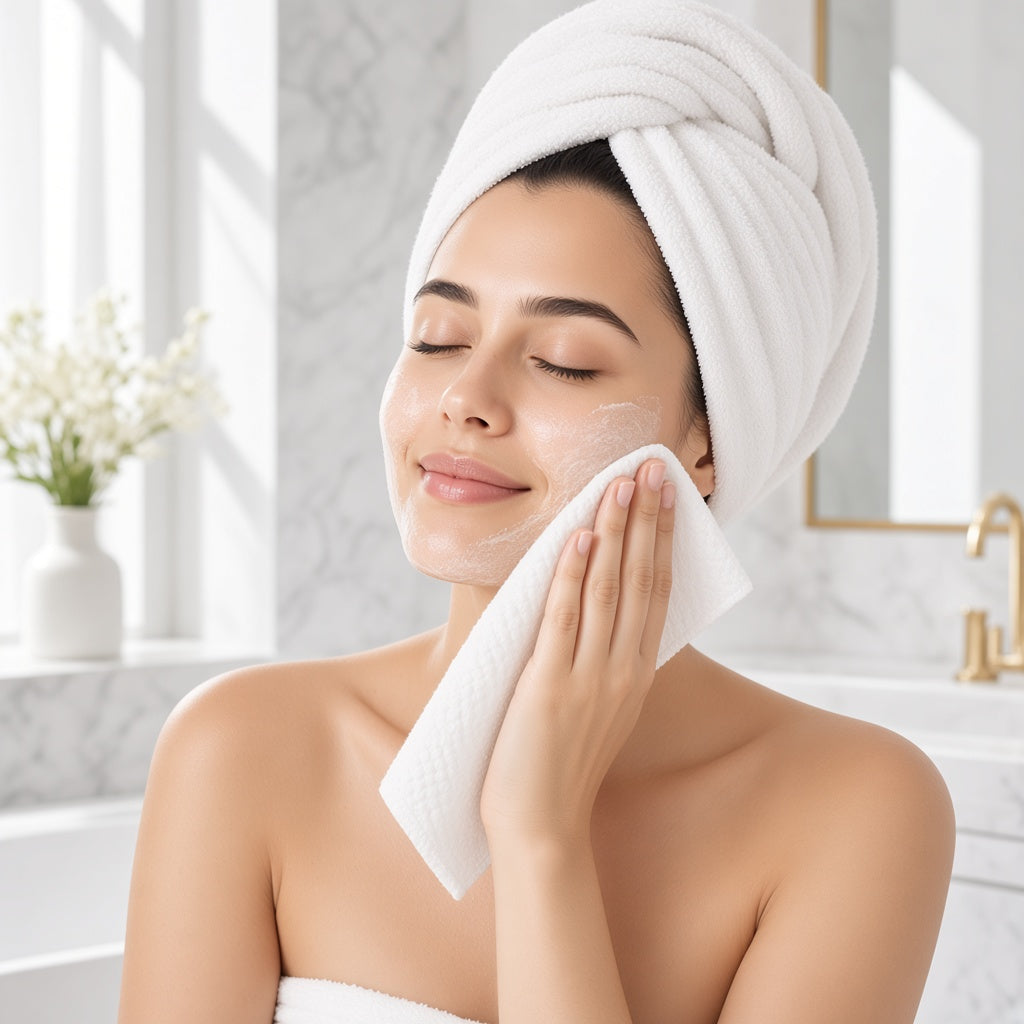 Face towel being used to dry the face