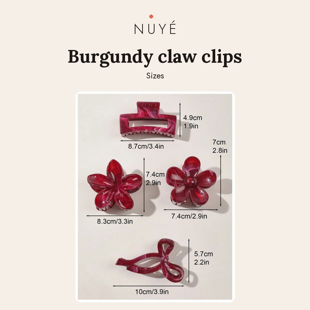 Burgundy Bow & Flower Claw Clips – 4 Pack