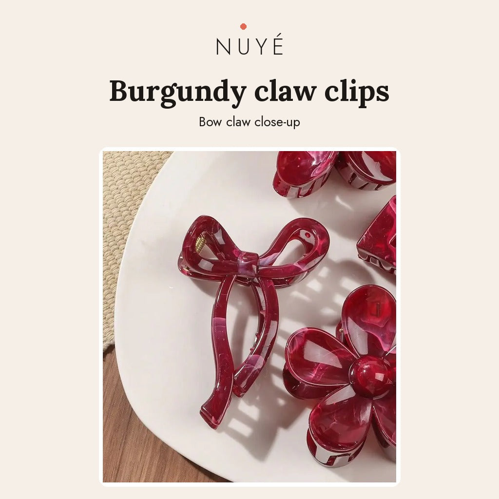 Burgundy Bow & Flower Claw Clips – 4 Pack