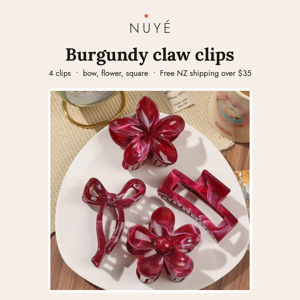 Burgundy Bow & Flower Claw Clips – 4 Pack