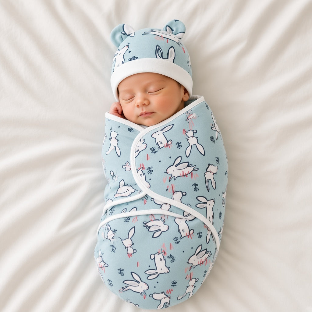 Newborn swaddled in a blue animal print swaddle blanket with matching hat with ears