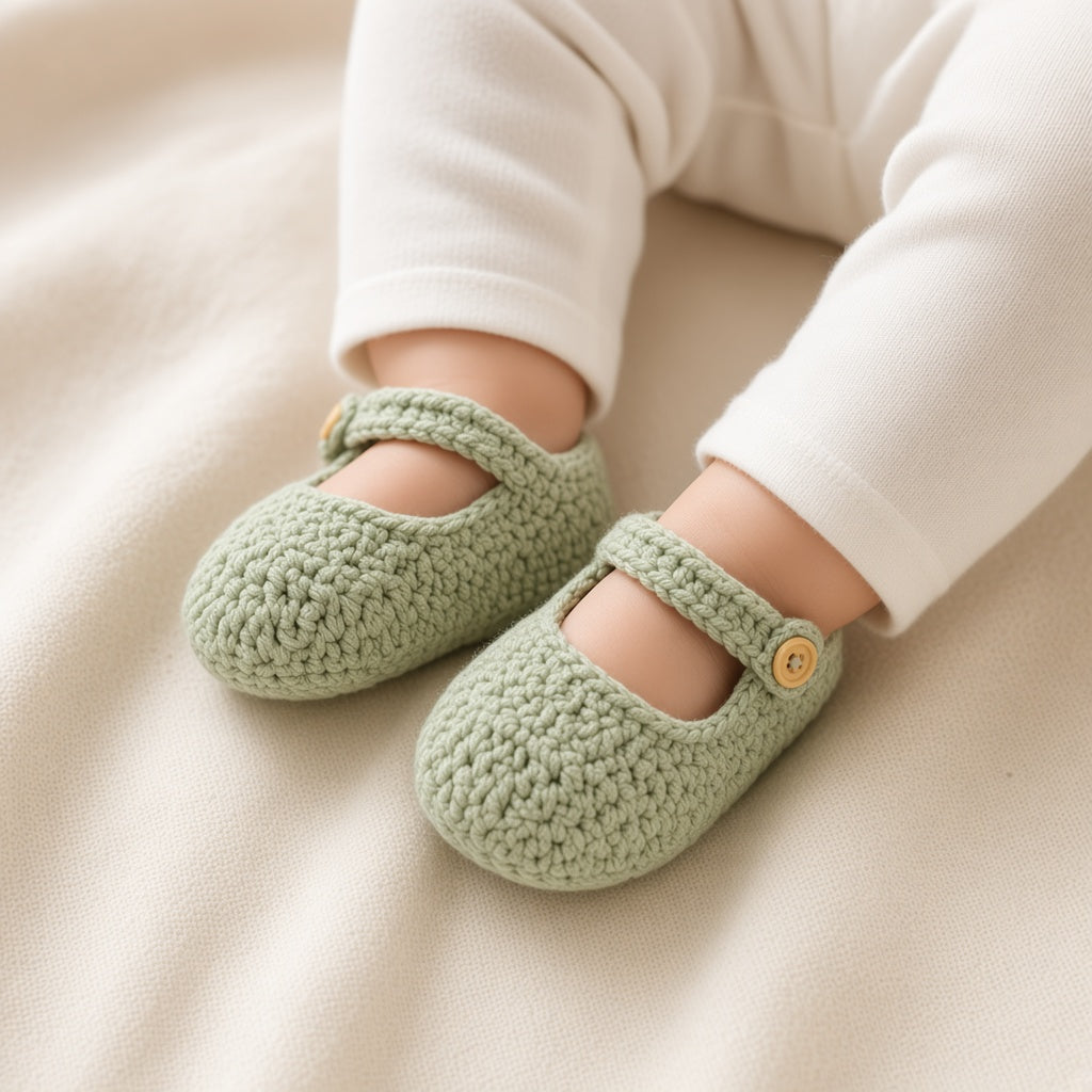 Baby wearing sage green knit booties with button straps