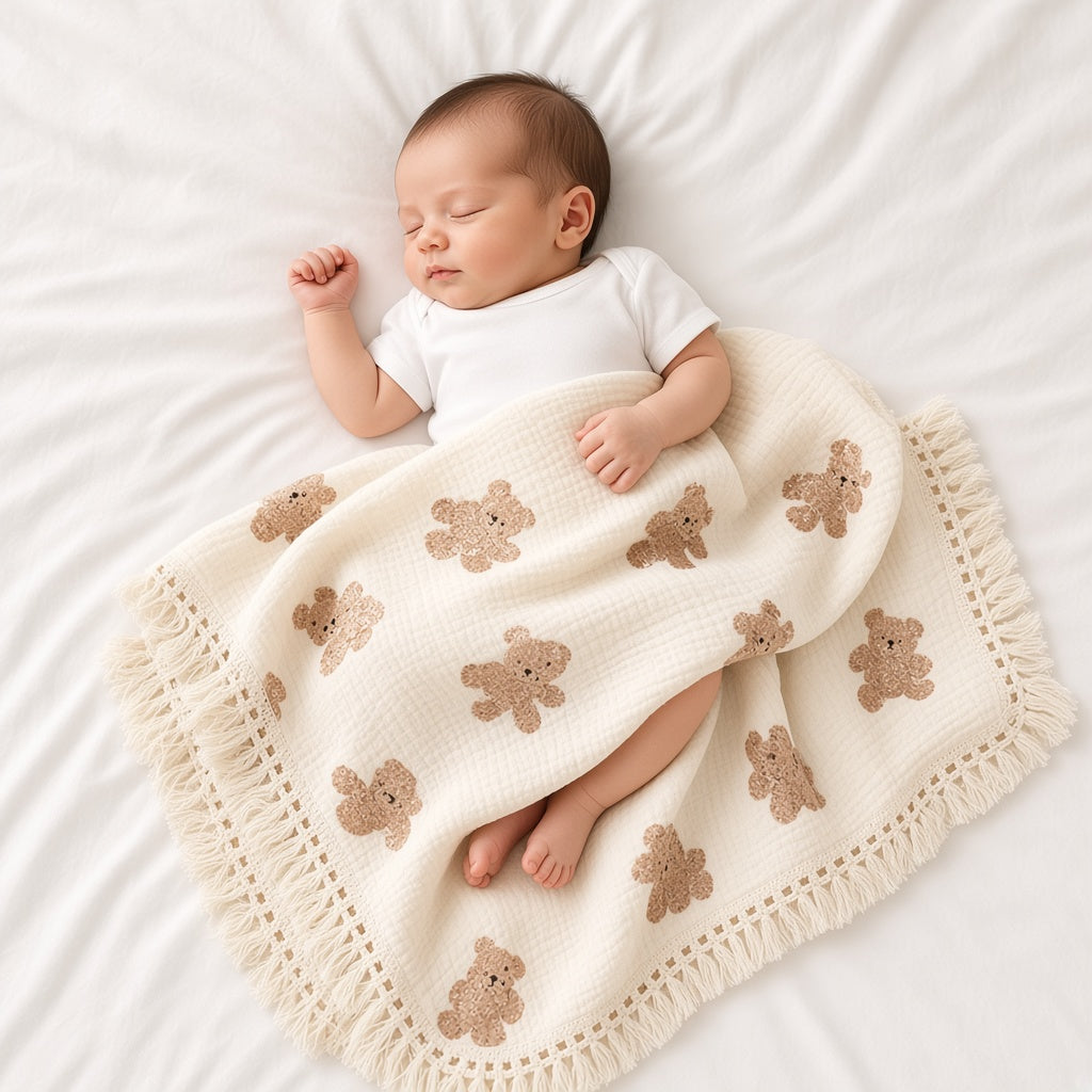 Newborn lying on a cream muslin blanket with a brown bear print