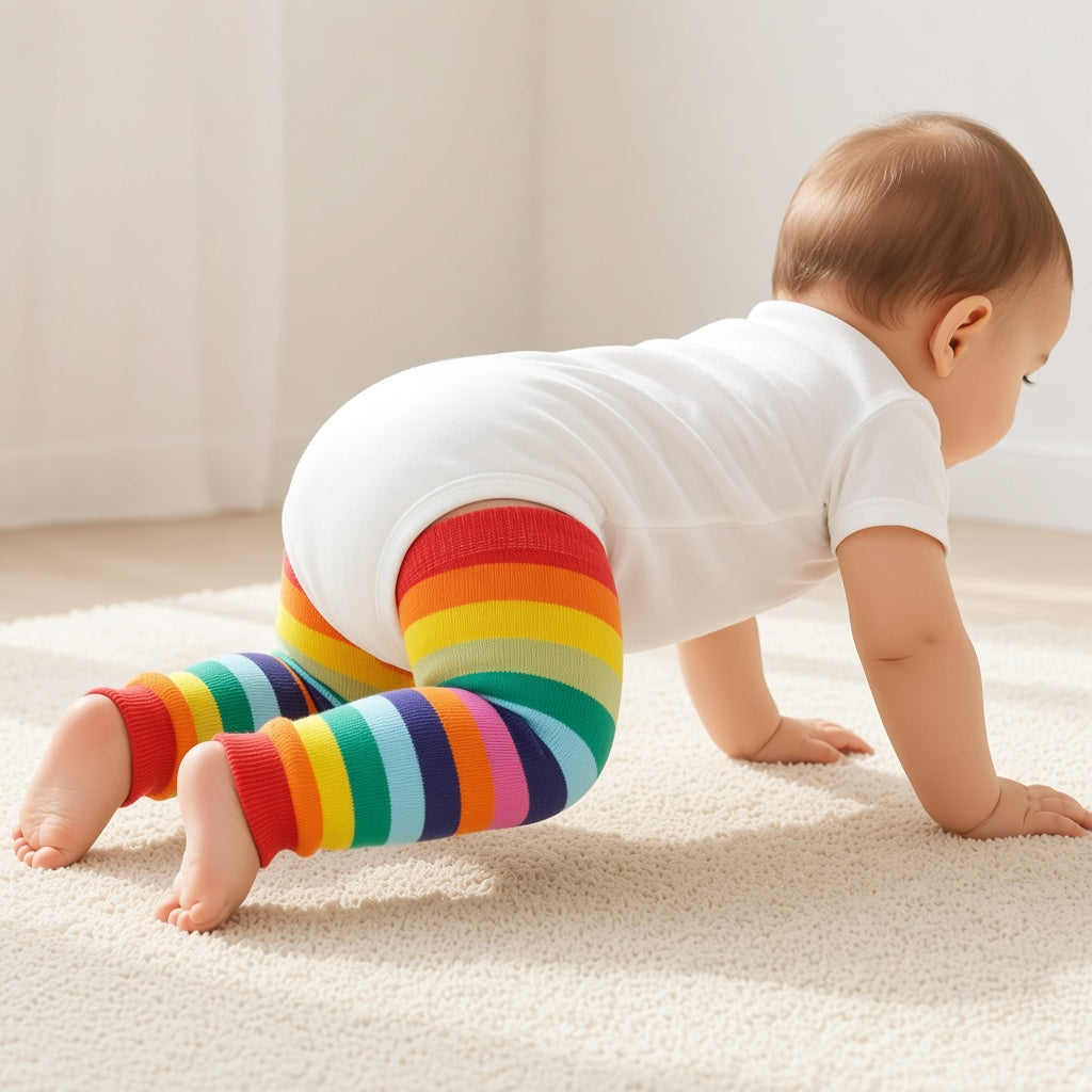 Baby crawling on a rug wearing rainbow striped leg warmers