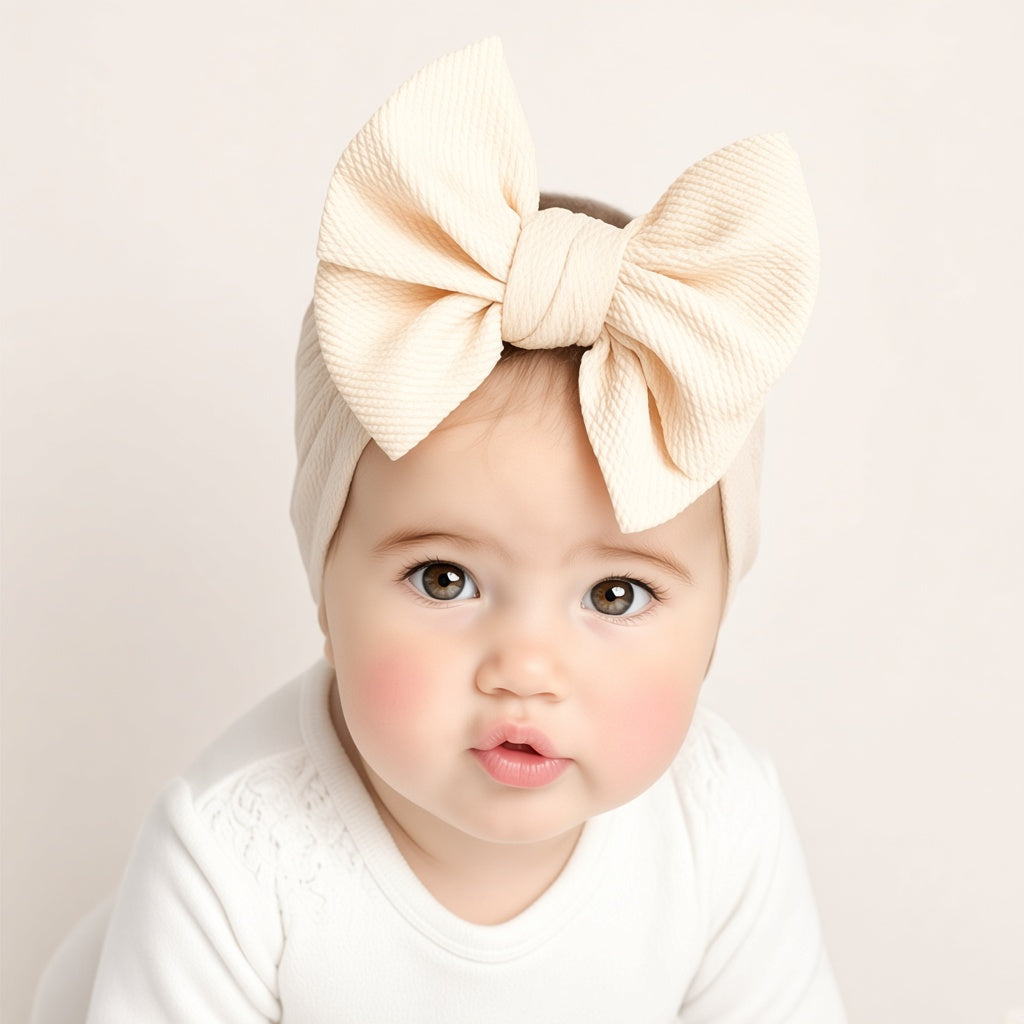 Baby wearing a cream topknot bow headwrap