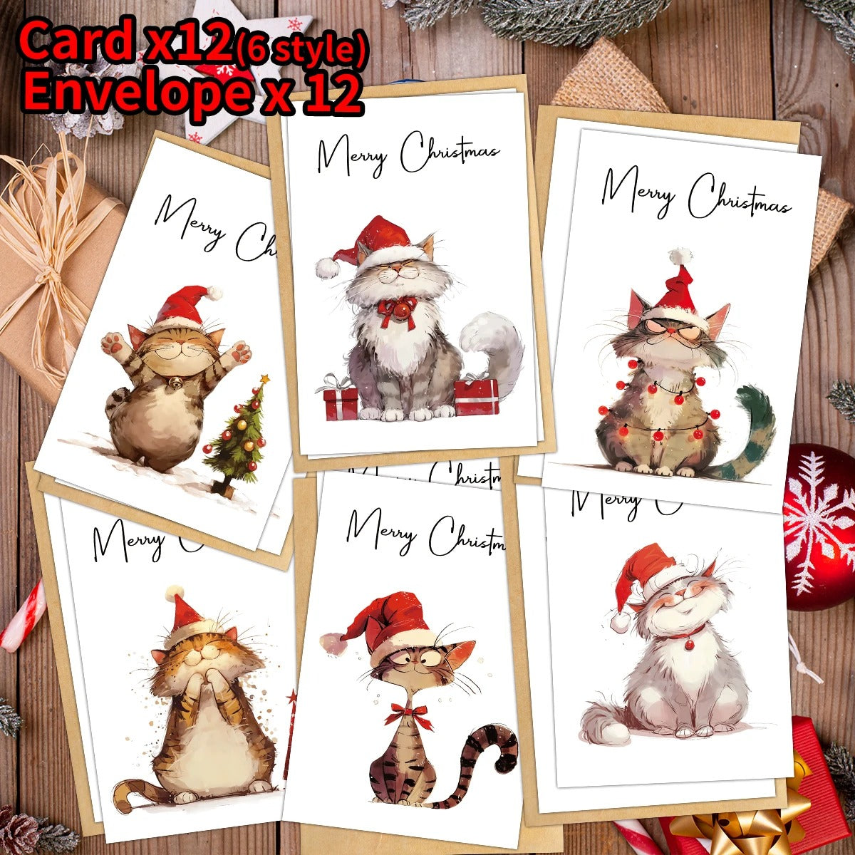 Christmas Cat Cards with Envelopes – 12 Pack
