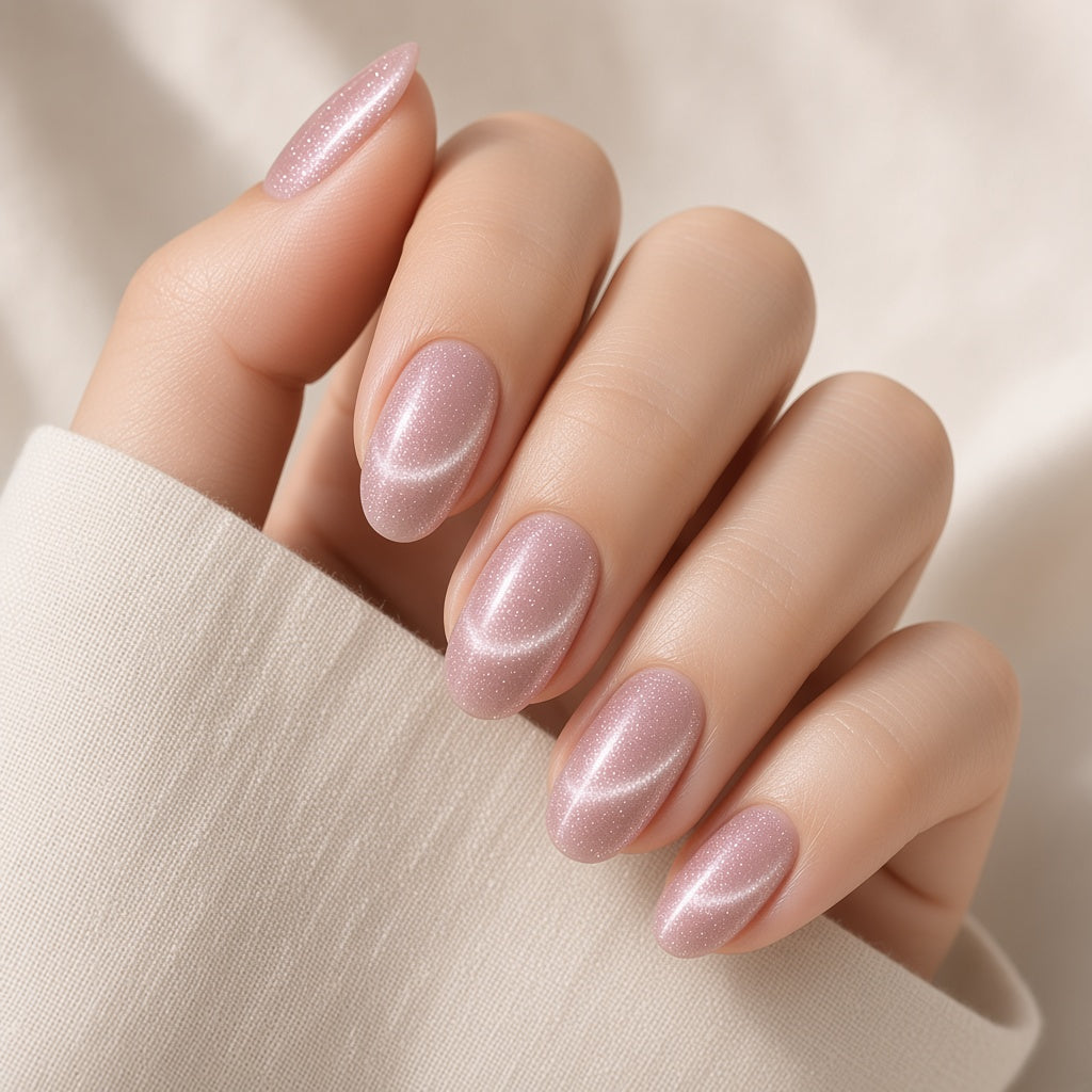 Pink cat-eye glitter gel polish on nails