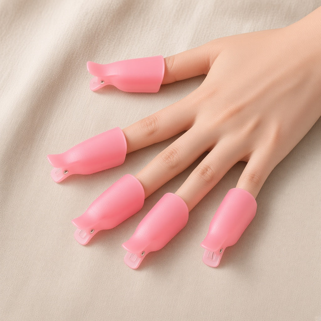 Soak-off gel remover clips worn on fingertips