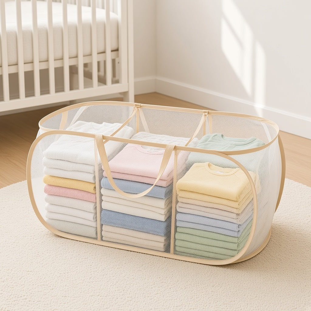 Clear three-section storage basket holding folded baby clothes in a nursery