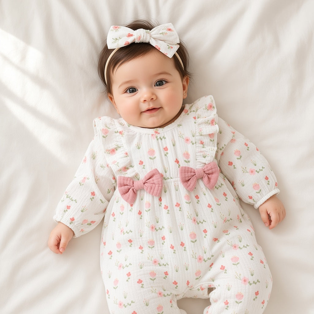 Baby wearing a white floral long-sleeve romper with pink bows and matching headband