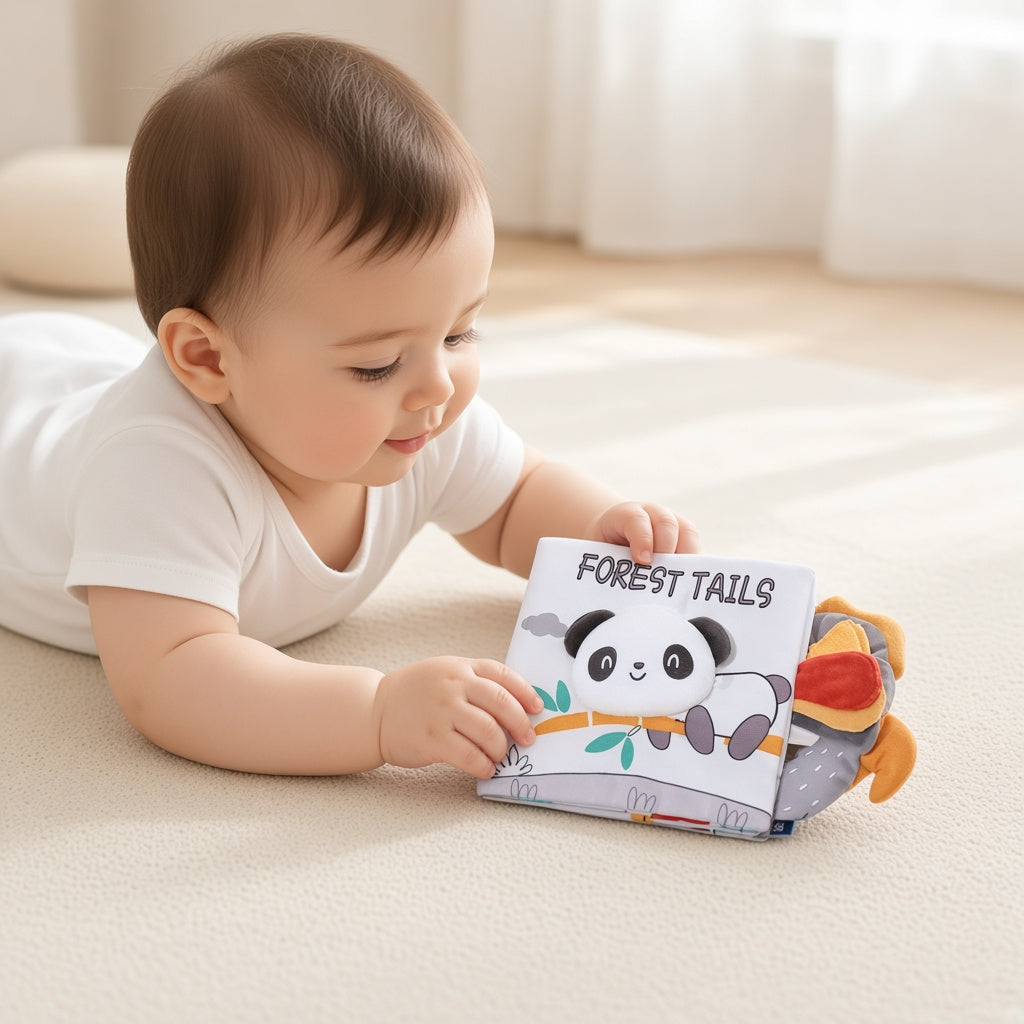 Baby lying on the floor playing with a panda crinkle cloth book