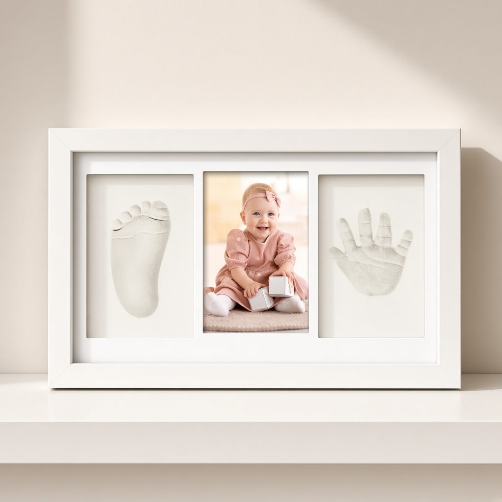 White keepsake frame with baby footprint and handprint clay casts and a photo, on a shelf