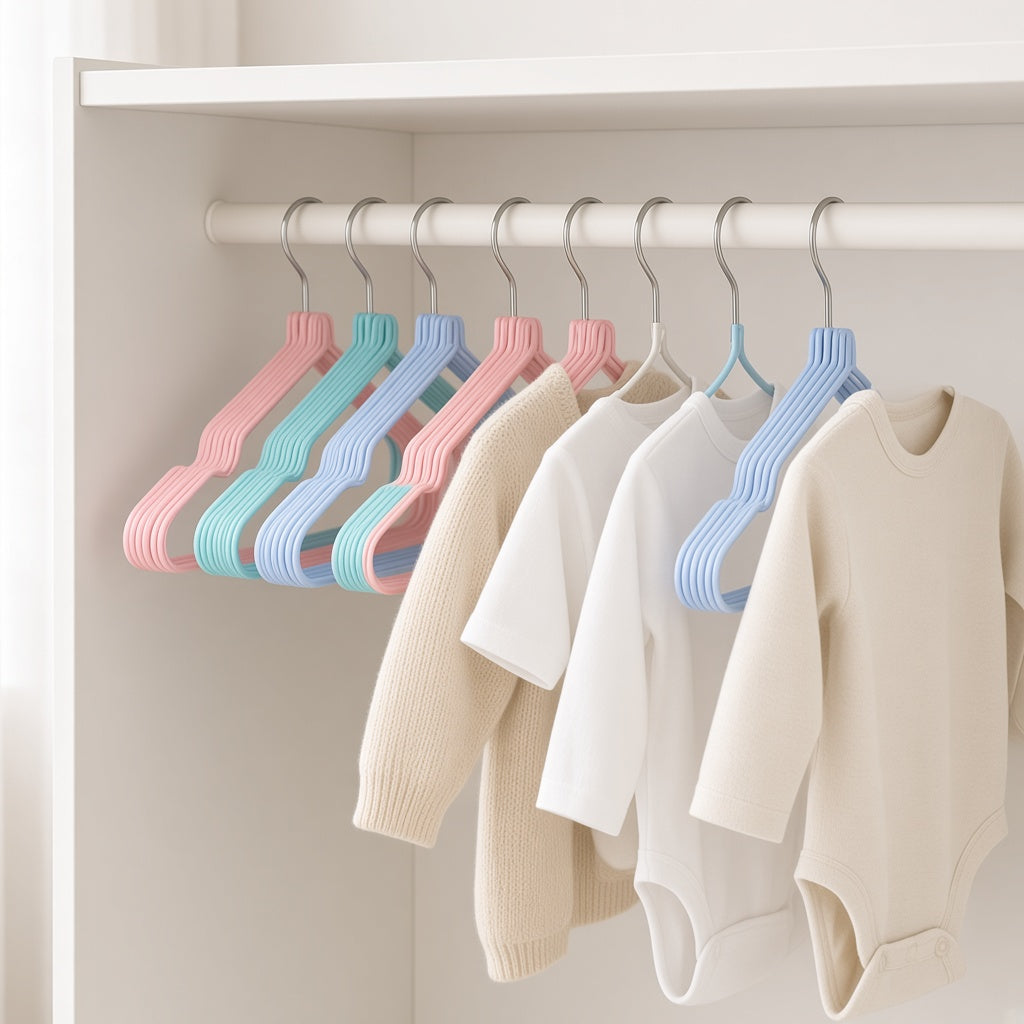 Pastel baby hangers holding small clothes on a wardrobe rail