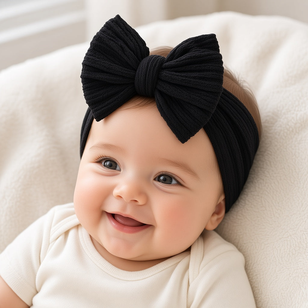 Smiling baby wearing a black cable knit bow headband