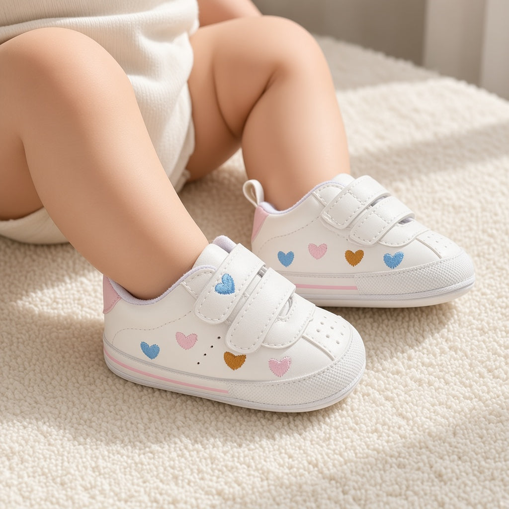 Baby wearing white soft sole shoes with heart print and hook-and-loop straps