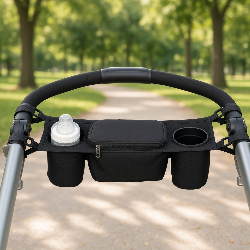 Black stroller organiser with cup holders attached to a pram handle