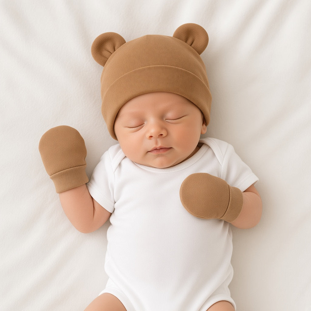 Sleeping baby wearing a brown knit hat with bear ears and matching mittens