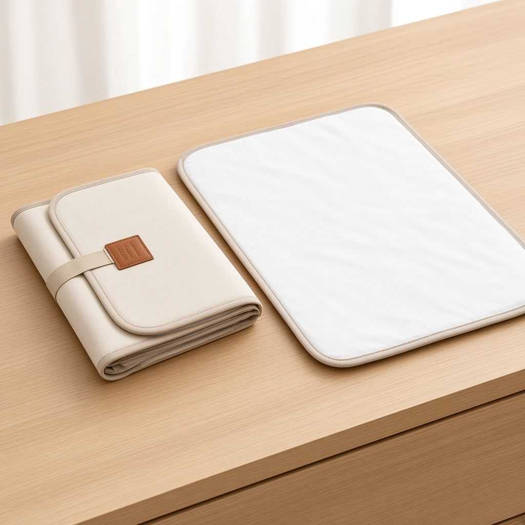Fold-up changing mat shown folded in beige and opened flat on a dresser