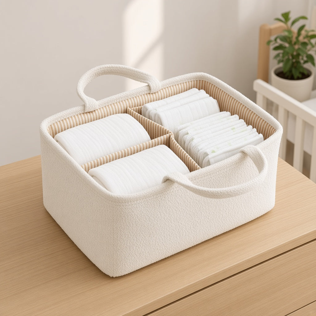White divided baby essentials bag with handles, holding nappies, on a nursery dresser