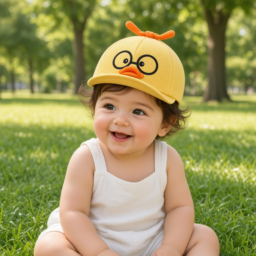 Smiling baby sitting on grass wearing a yellow duck cap with glasses and beak