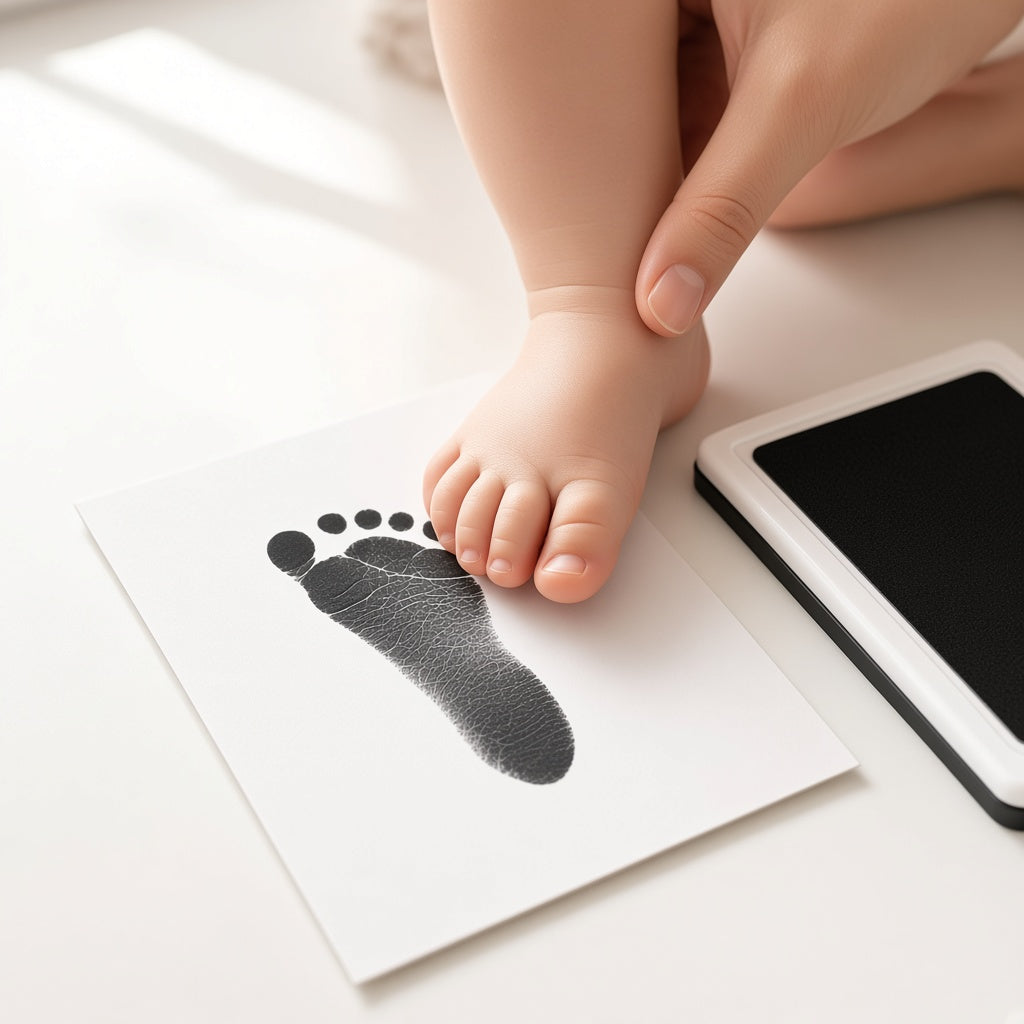 Baby's foot pressed onto paper beside the ink pad, leaving a black footprint