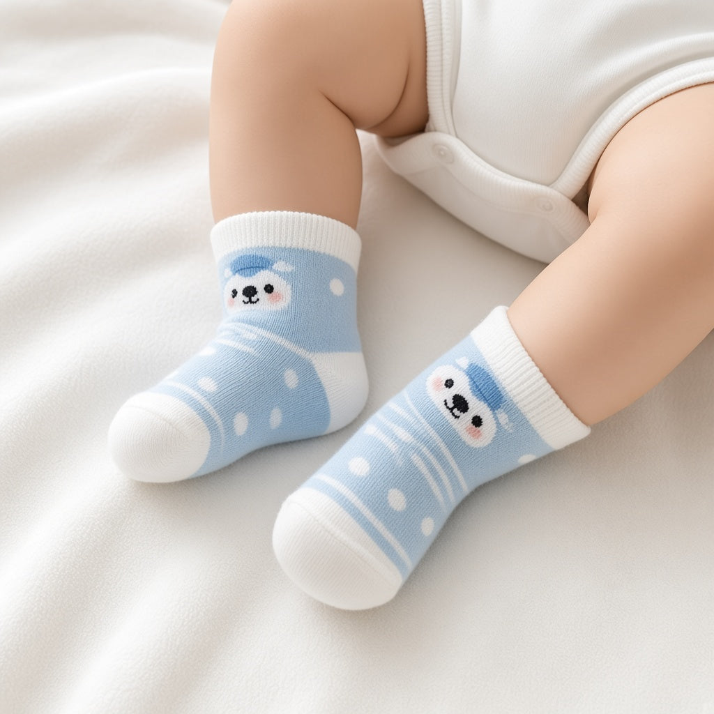 Baby wearing blue and white socks with an animal face