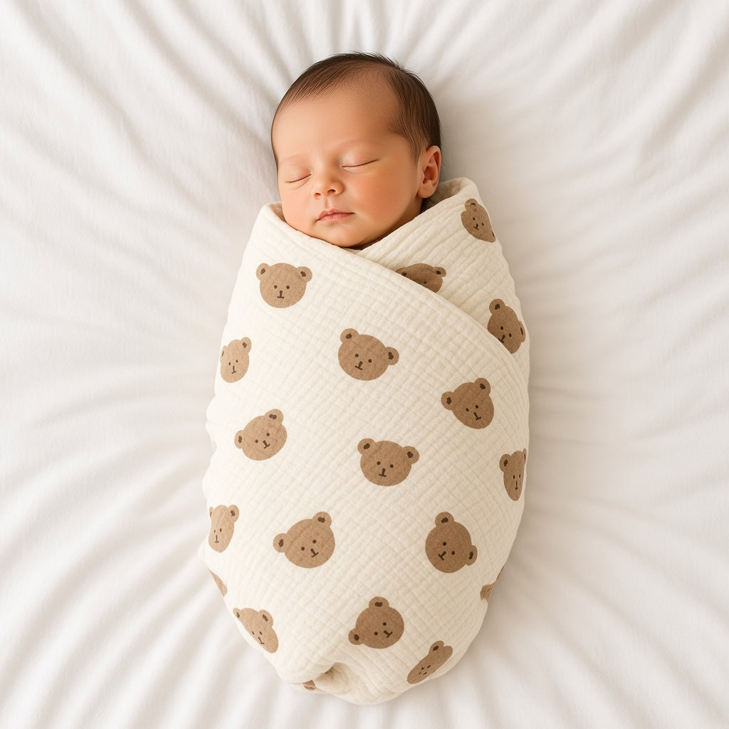 Newborn swaddled in a cream double layer swaddle with brown bear print