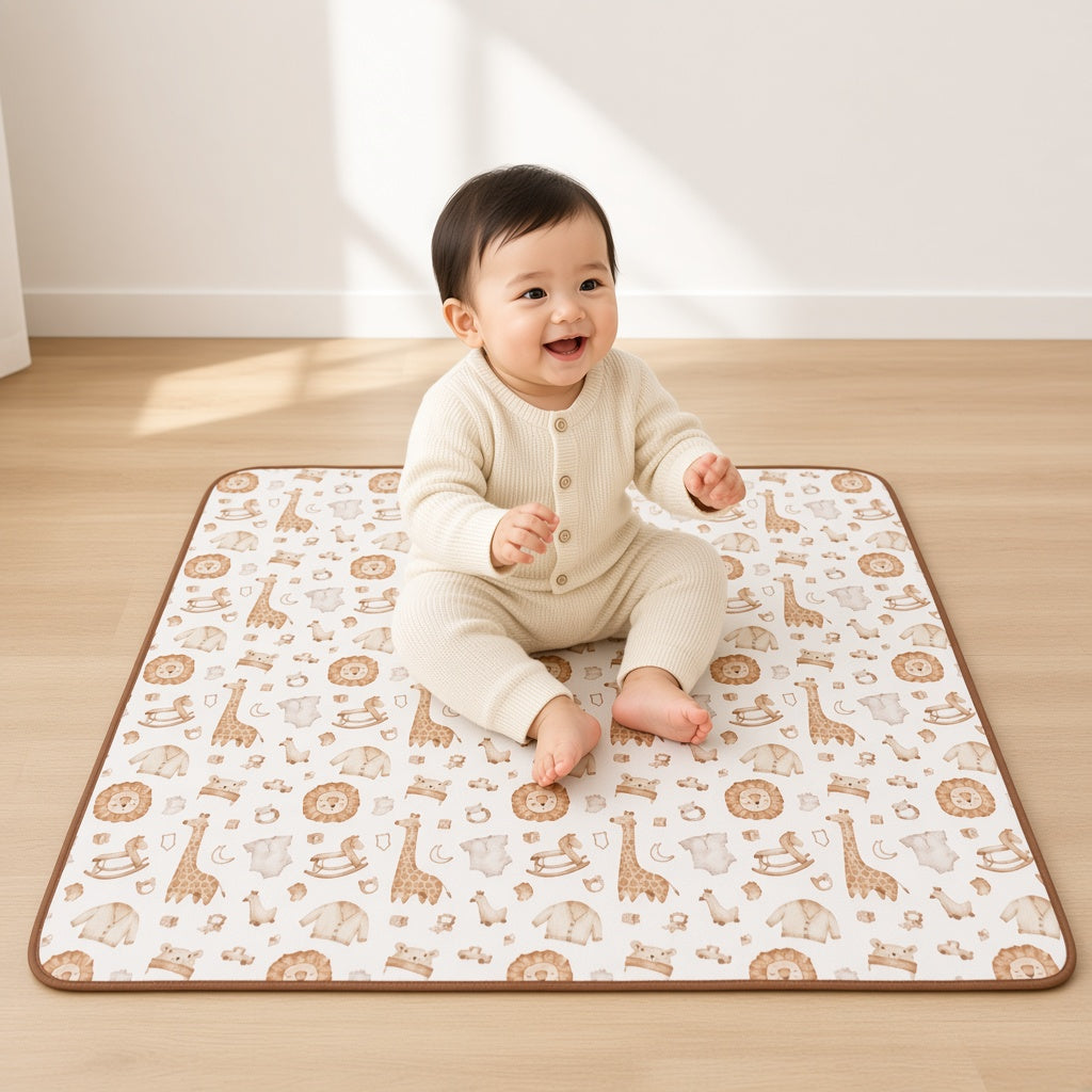 Baby sitting on a folding play mat with an animal print