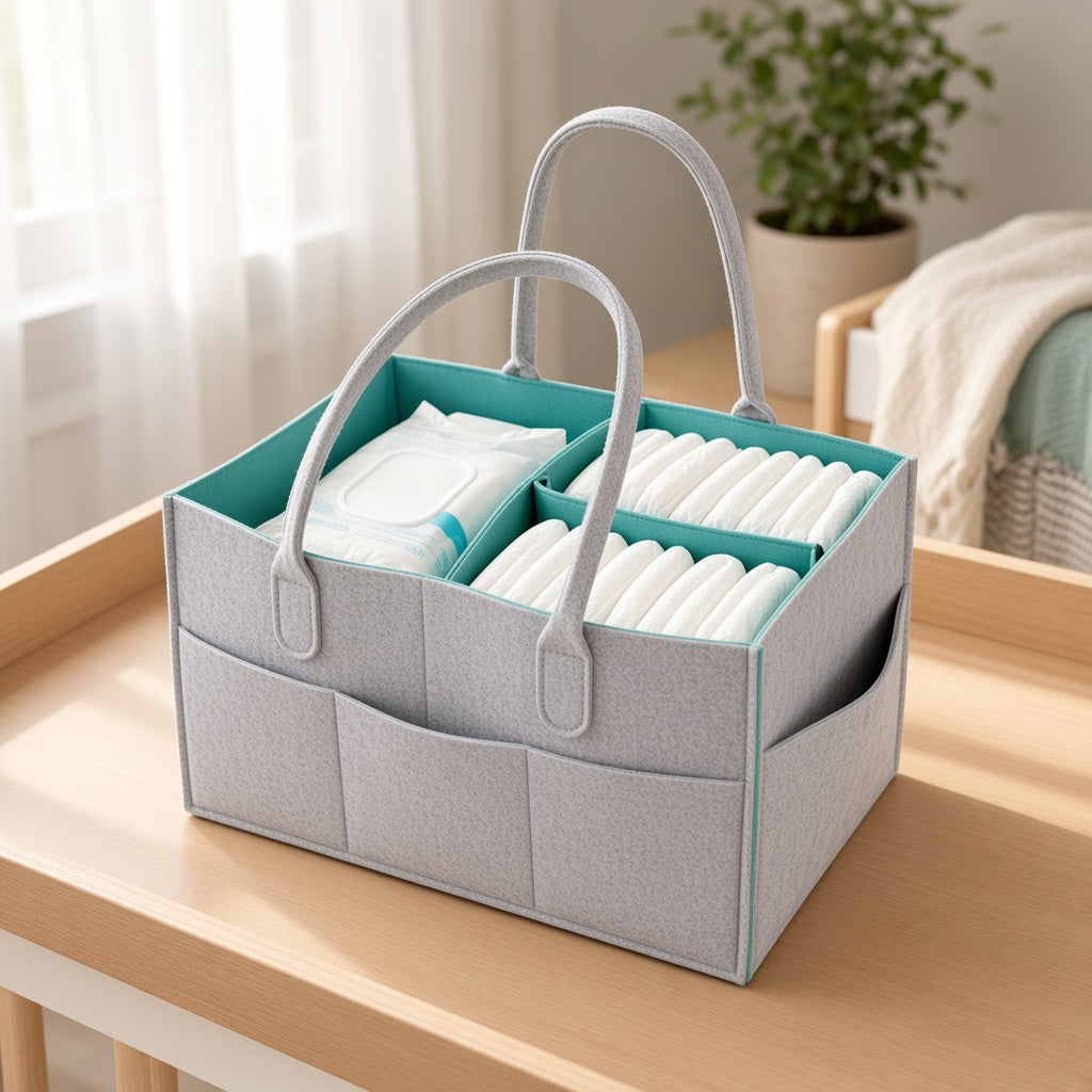 Grey felt nappy caddy with handle holding nappies on a nursery dresser