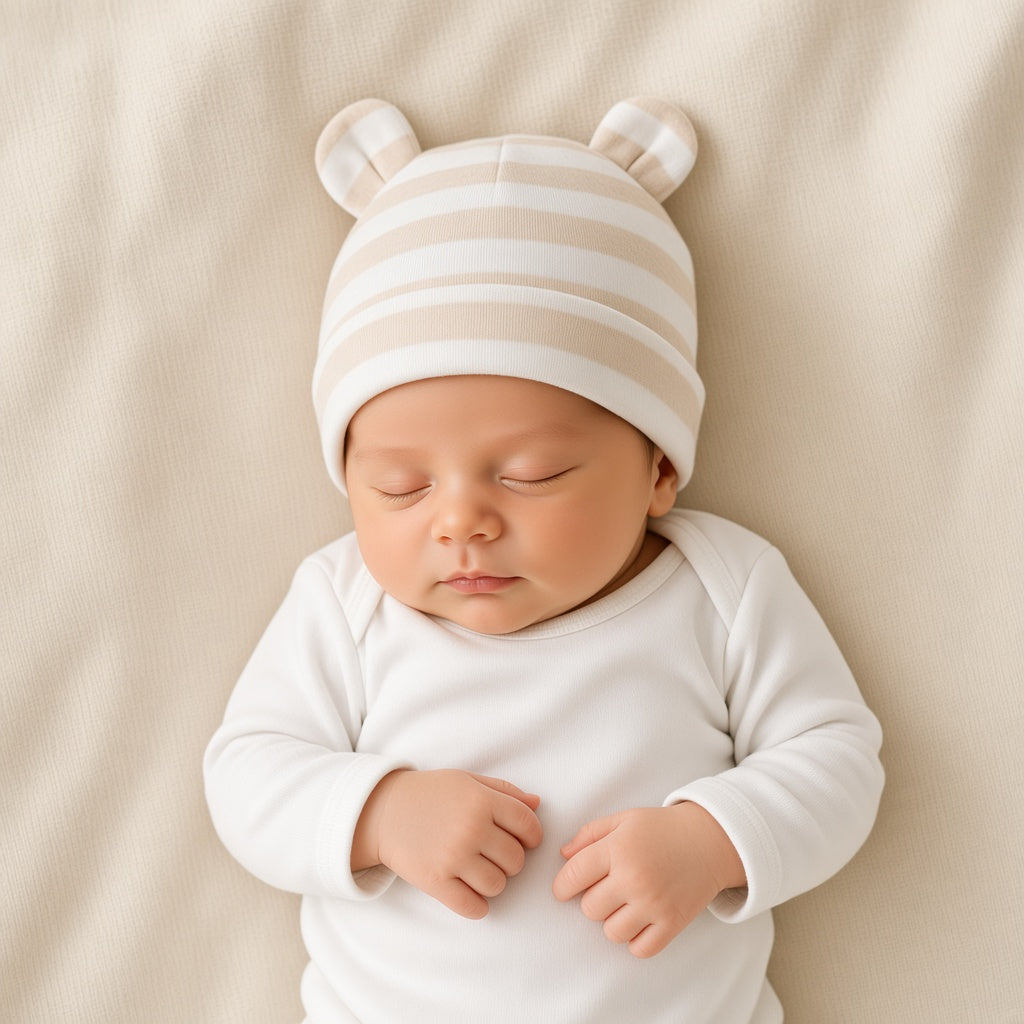 Newborn wearing a striped cotton baby hat with ears