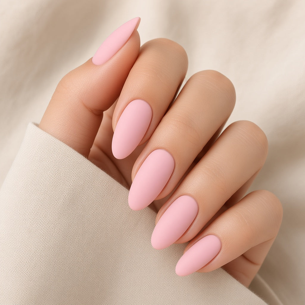Pastel pink peel-off nail polish on nails