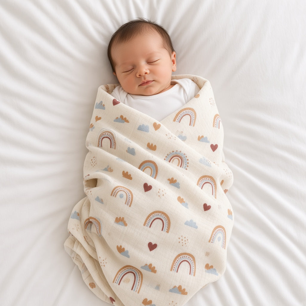 Newborn swaddled in a white bamboo muslin swaddle with rainbow print