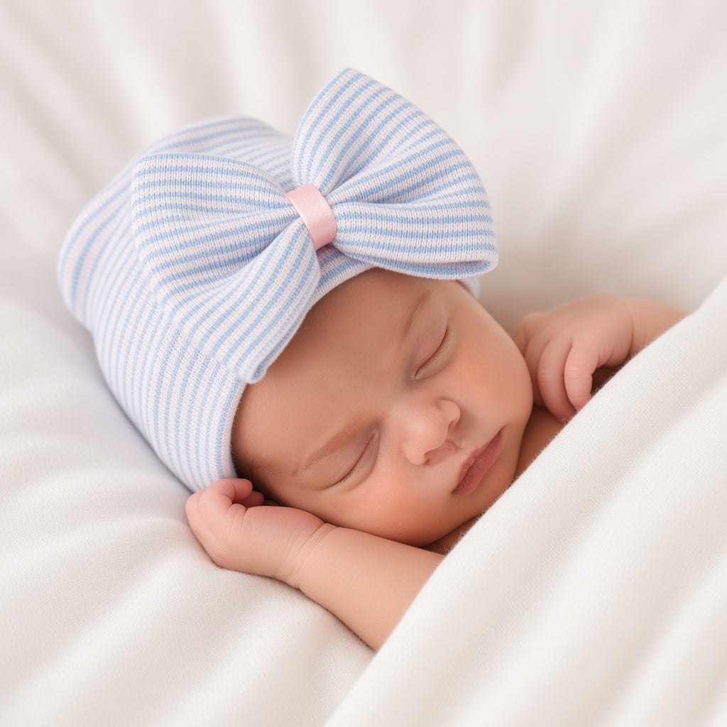 Sleeping newborn wearing a white and blue striped baby hat with a large bow