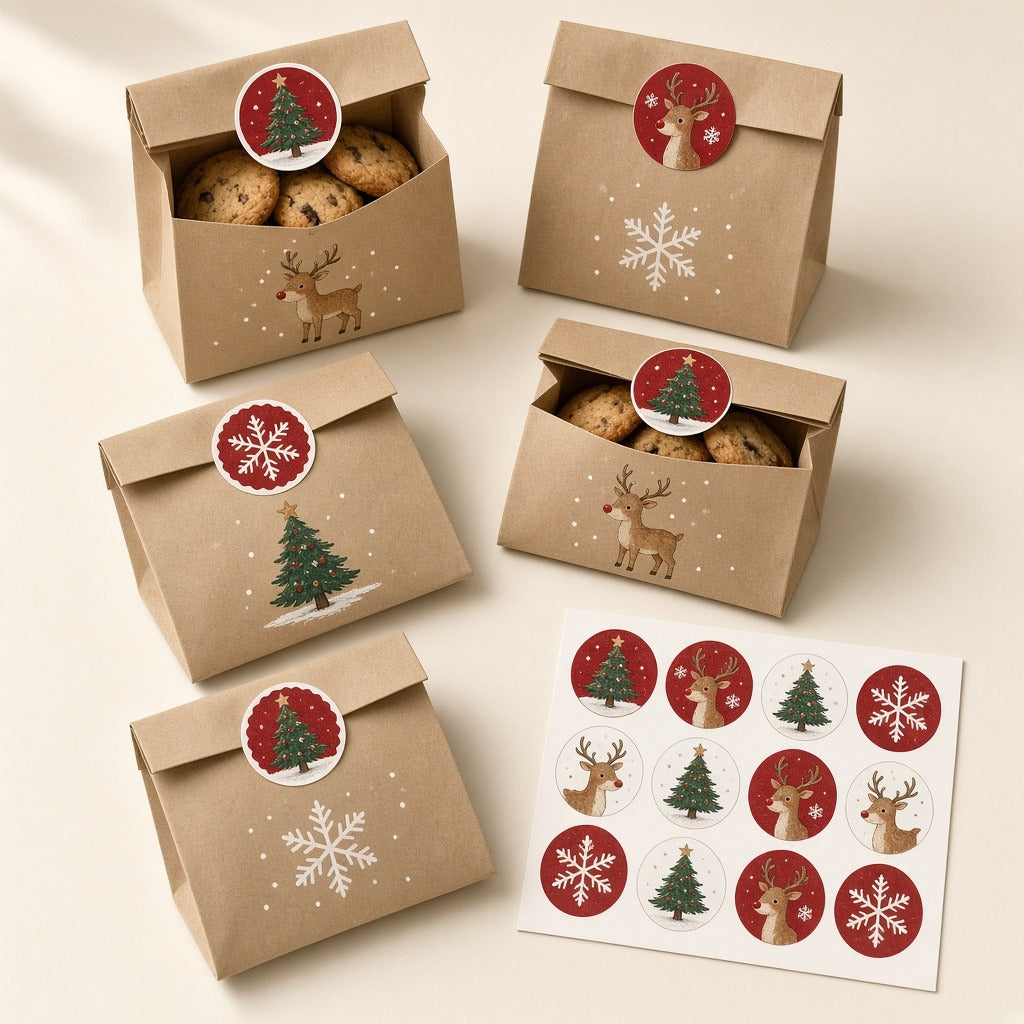 Christmas Kraft Treat Bags with Stickers – 24 Sets