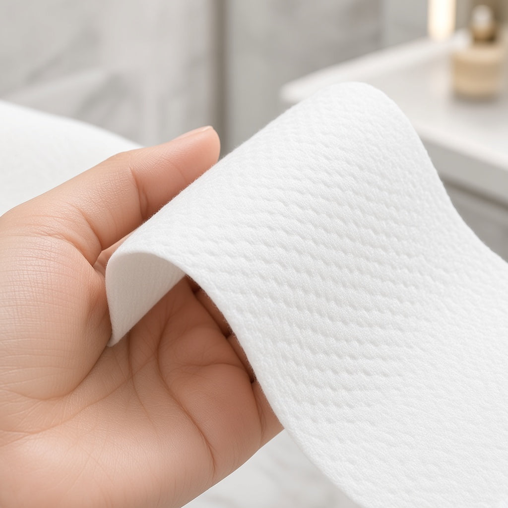 Close-up of textured face towel held in hand