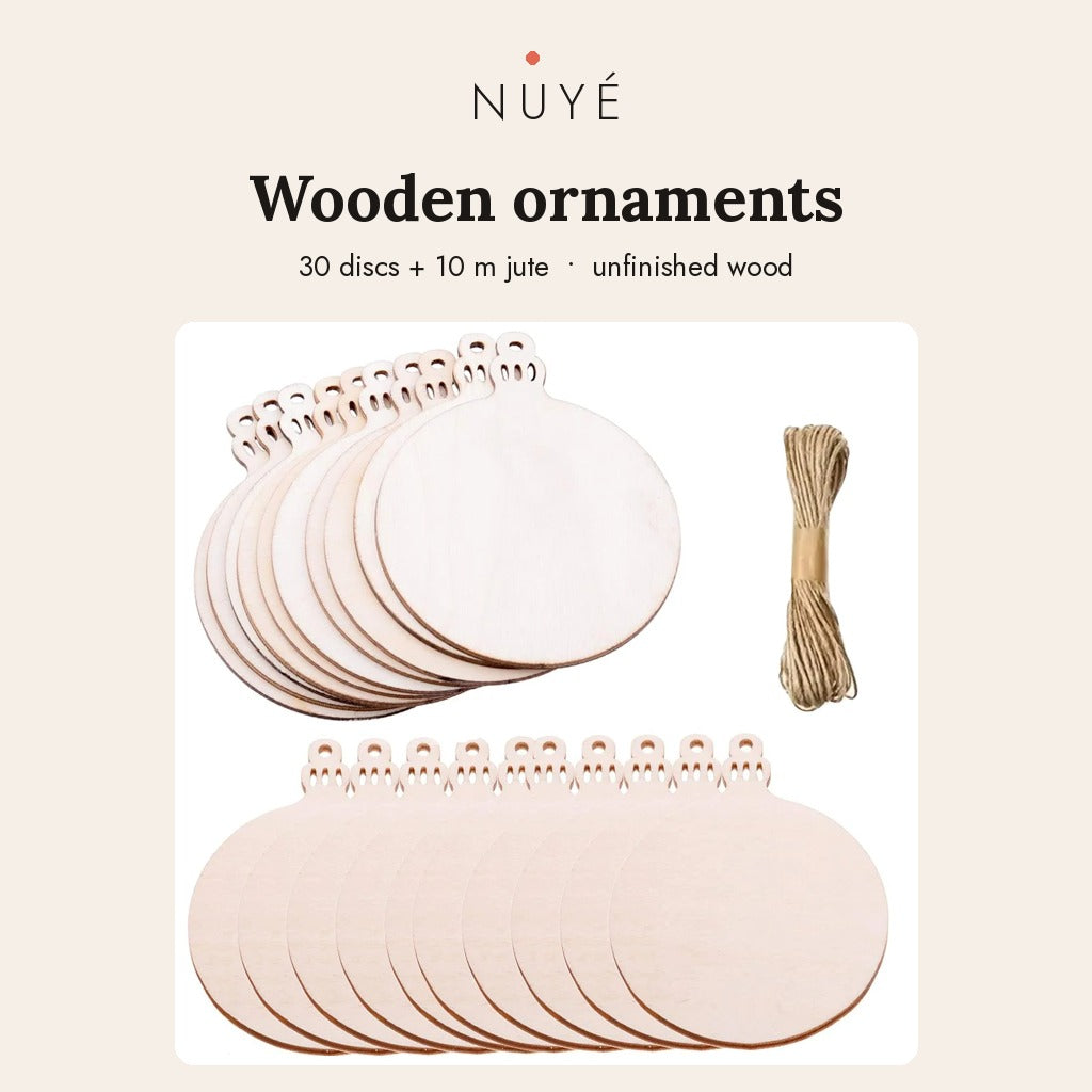 Natural Wooden Tree Ornaments – 30 Pack with Jute