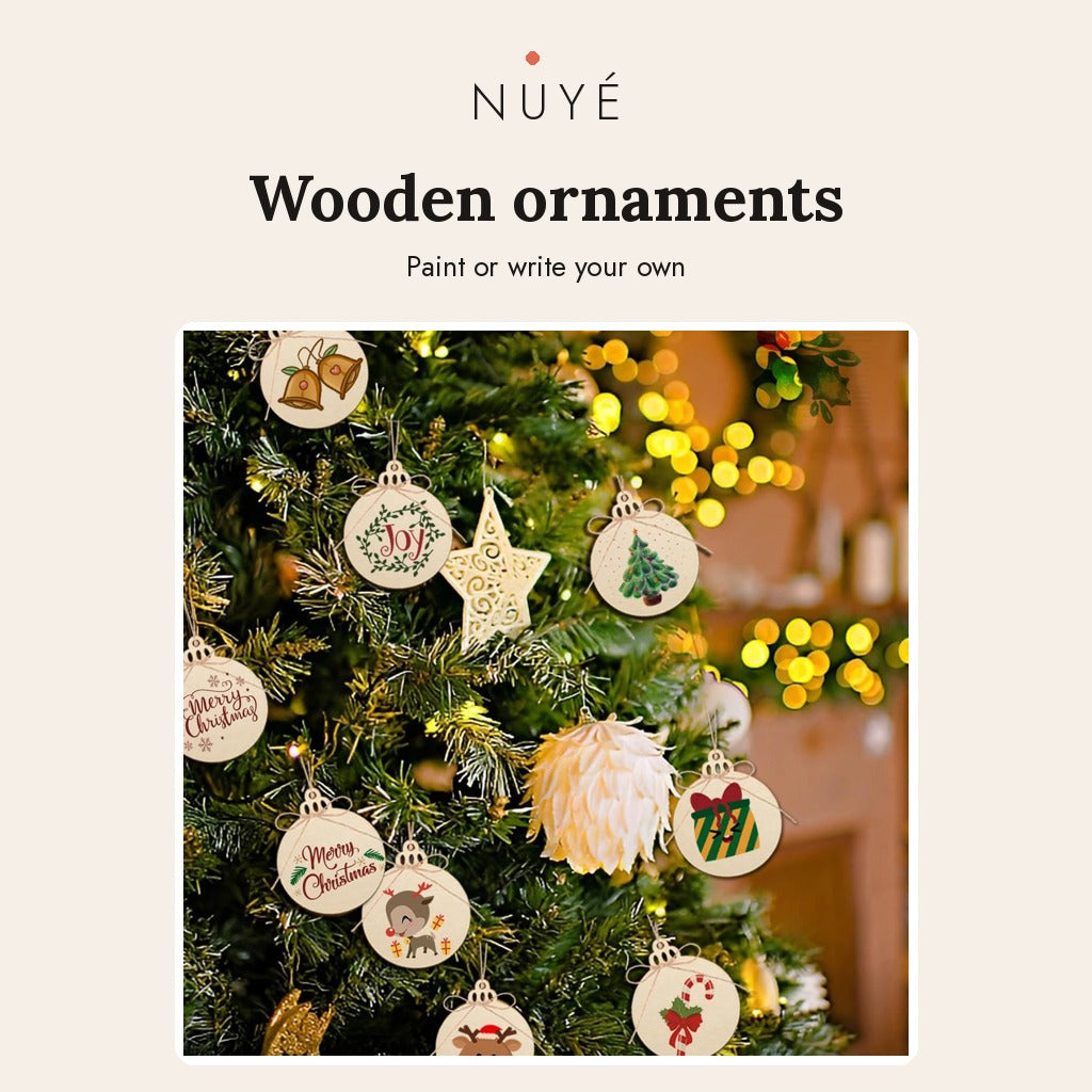 Natural Wooden Tree Ornaments – 30 Pack with Jute